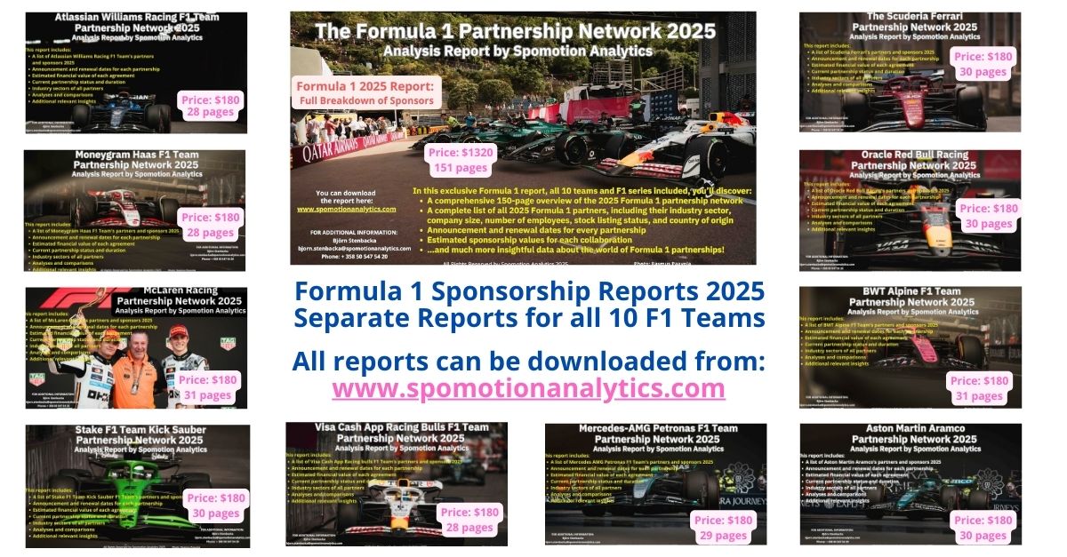 The Ultimate 2025 Formula 1 Sponsors and Partners Report!
You can choose to purchase one comprehensive report covering all 10 Formula 1 teams, including the Formula 1 series itself, complete with extensive comparisons and in-depth analyses. All sponsors and partners are