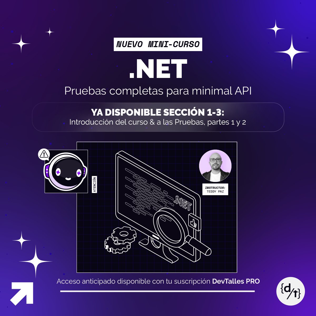 DevTalles's tweet image. 🔎 ¡NUEVO ACCESO ANTICIPADO: #dotNET pruebas de minimal API!

🖥️ Disponibles 3 secciones del nuevo minicurso exclusivo, ¡Anunciaremos más lecciones en cuanto estén listas!

🚀 Accede como #BetaTester en tu portal con tu Suscripción #DevTallesPRO o desde:
👉🏻cursos.devtalles.com/courses/net-pr…