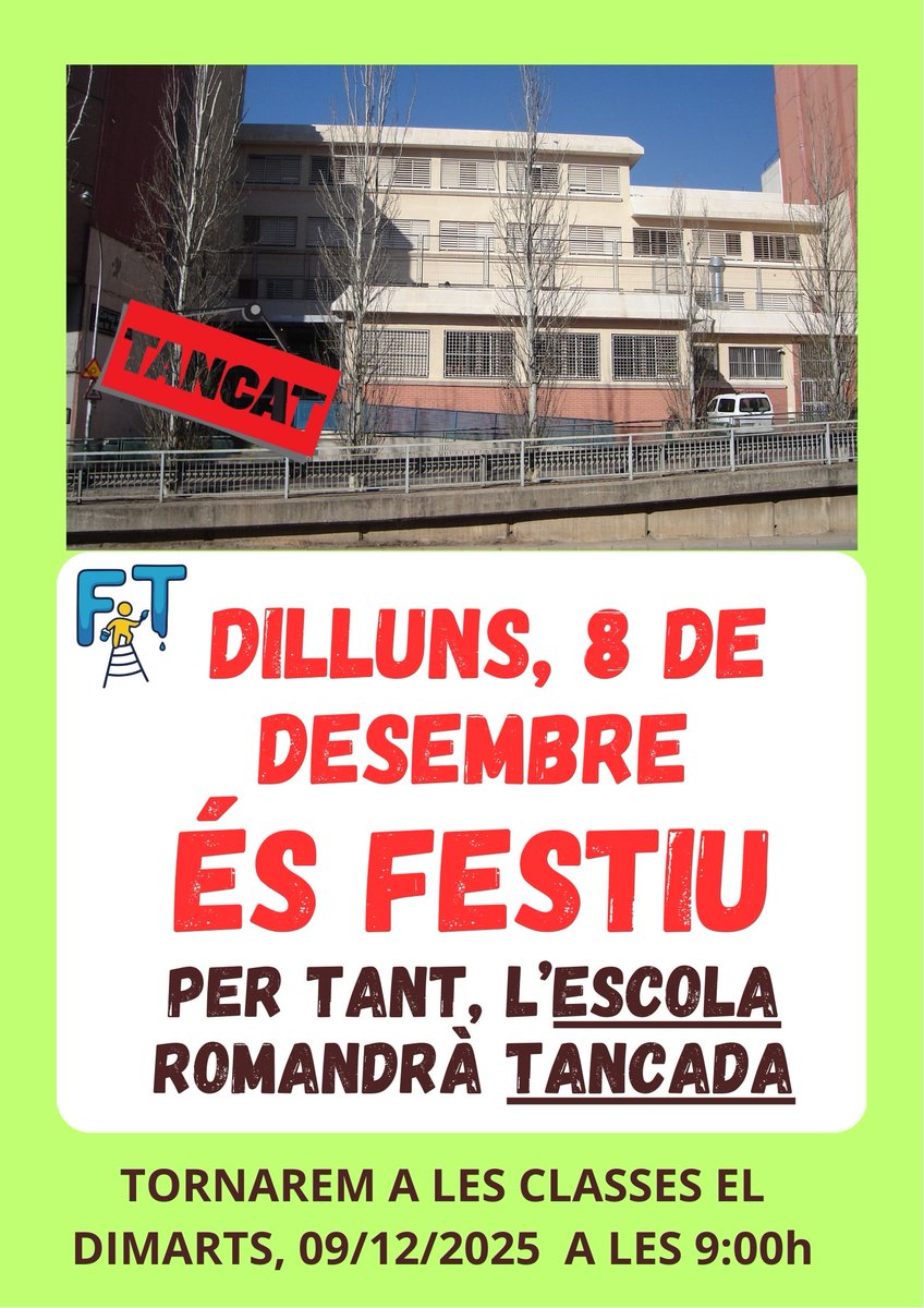 Benvolgudes famílies. Us recordem que el proper DILLUNS, 8 de DESEMBRE és FESTIU, per la qual cosa l'ESCOLA romandrà TANCADA. Tornarem a les classes el dimarts, 9 de desembre a les 9:00h.