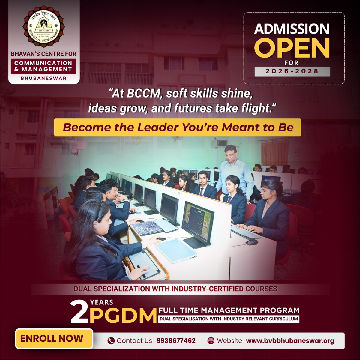 BccmBhubaneswar's tweet image. Your future deserves the right direction.

At #BCCM Bhubaneswar, learning isn’t limited to textbooks — we build confidence, soft skills, and future-ready leaders.

2-Year #PGDM with Dual Specialization + Industry-Certified Courses

bvbbhubaneswar.org