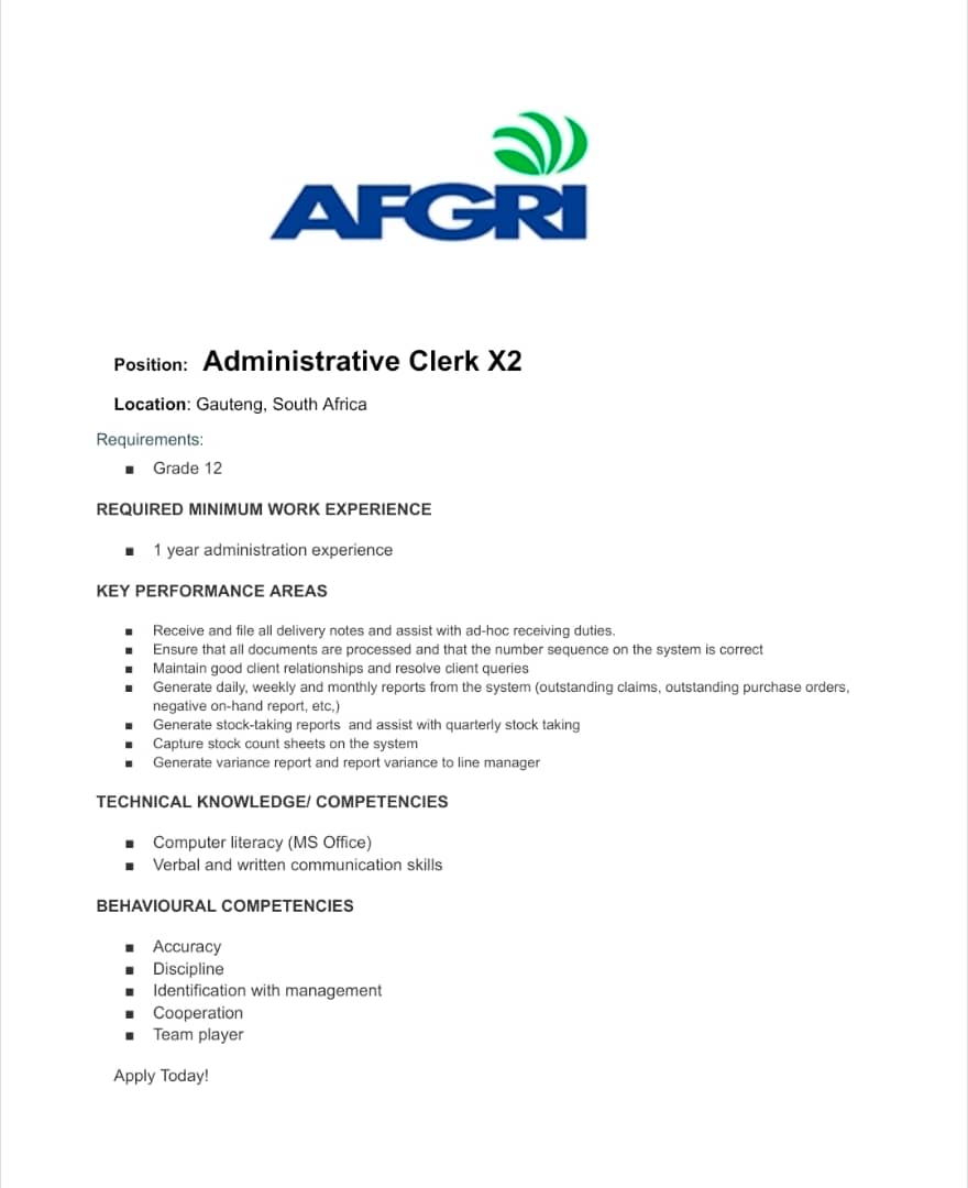 CarolBoitumelo1's tweet photo. 📌AFGRI is hiring Admin Clerk X2

✅Administration Clerk – two positions 

📍Gauteng 

Requirements:
- Grade 12/ Matric only
- Computer literate 
- Knowledge in administration 

Like and Follow for more

Full Details:  https://t.co/NgXhrgb3Fi

Closing Date: 12 December, 2025 https://t.co/hgwbtC4BFX
