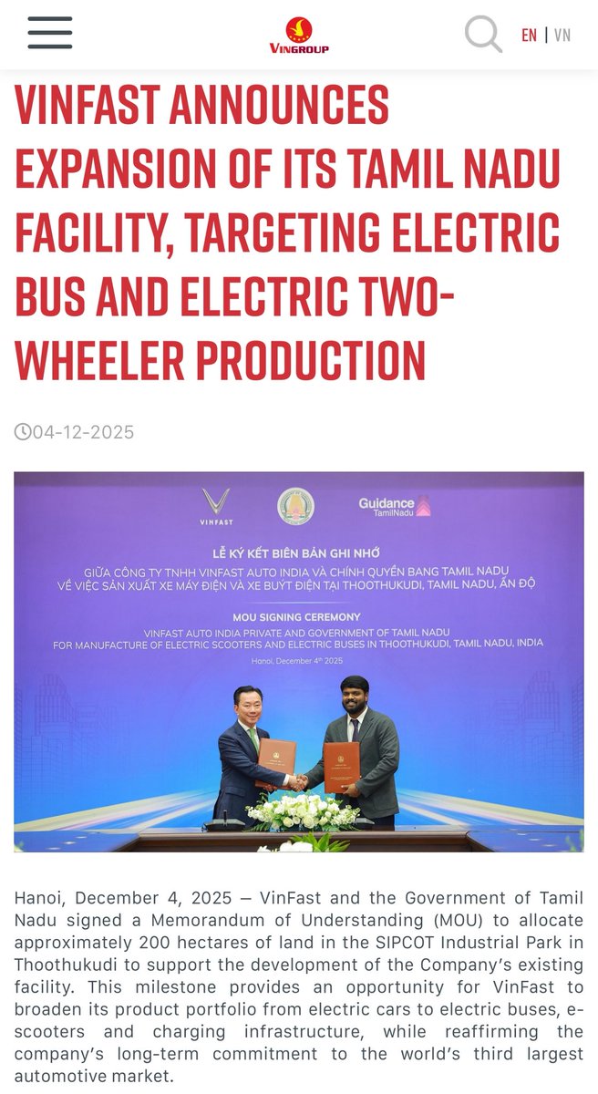 🚨🚨🚨 Big news: Now #Vinfast e-buses and two-wheelers also to be made in #TamilNadu !

Yet another reinforcement of faith on Tamil Nadu, thanks to the relentless pursuit for growth and prosperity for our people by Honourable @CMOTamilNadu Thiru. @MKStalin avargal ! 

Today,