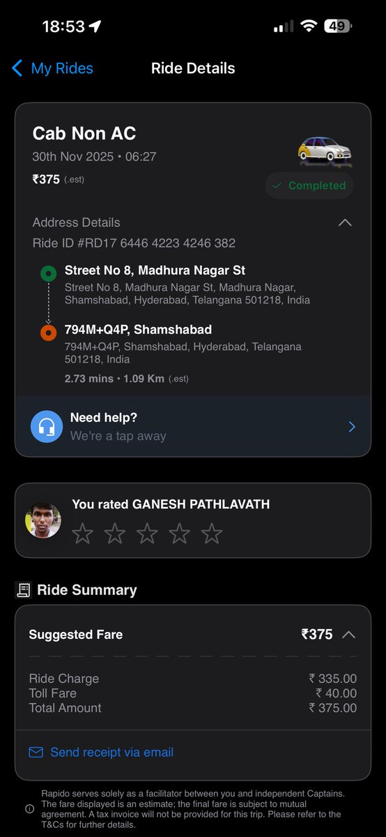 choppala_arnold's tweet photo. Rapido Captain named Ganesh Pathlavath.
Initially we made payment of 40/- at TollGate as he asked to pay and remained 335/- to pay him.

A terrible bad experience with @rapidobikeapp 
#Rapido https://t.co/I0BBEK0HqK