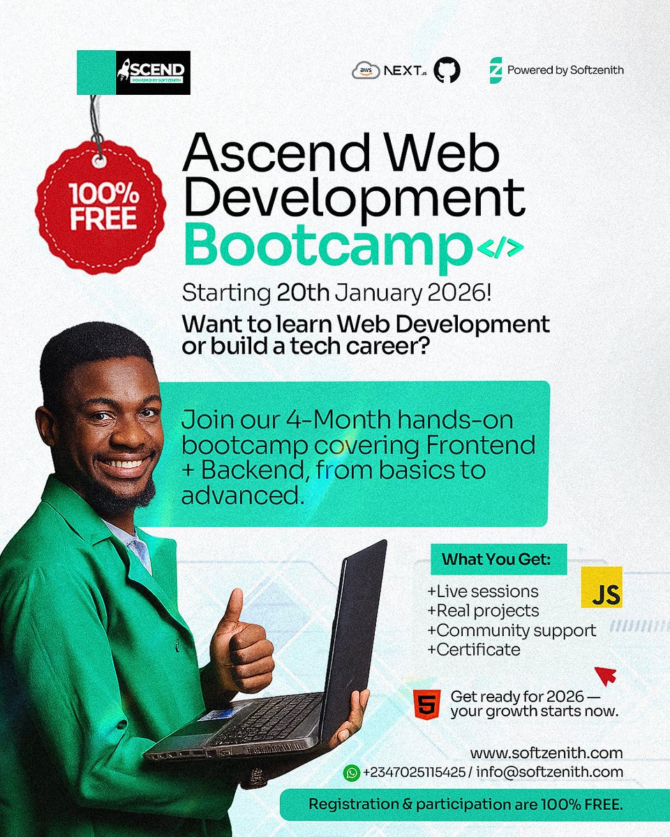 soft_zenith's tweet image. 🚀 Registration is Open!

The Ascend Web Development Bootcamp – Powered by Softzenith starts on 20th January 2026. 💻✨
Duration: 4 months | 100% Free

forms.gle/o5jdRsFXHW4j38…

#WebDevelopment #Bootcamp #FreeLearning #AscendBootcamp #GetReadyFor2026