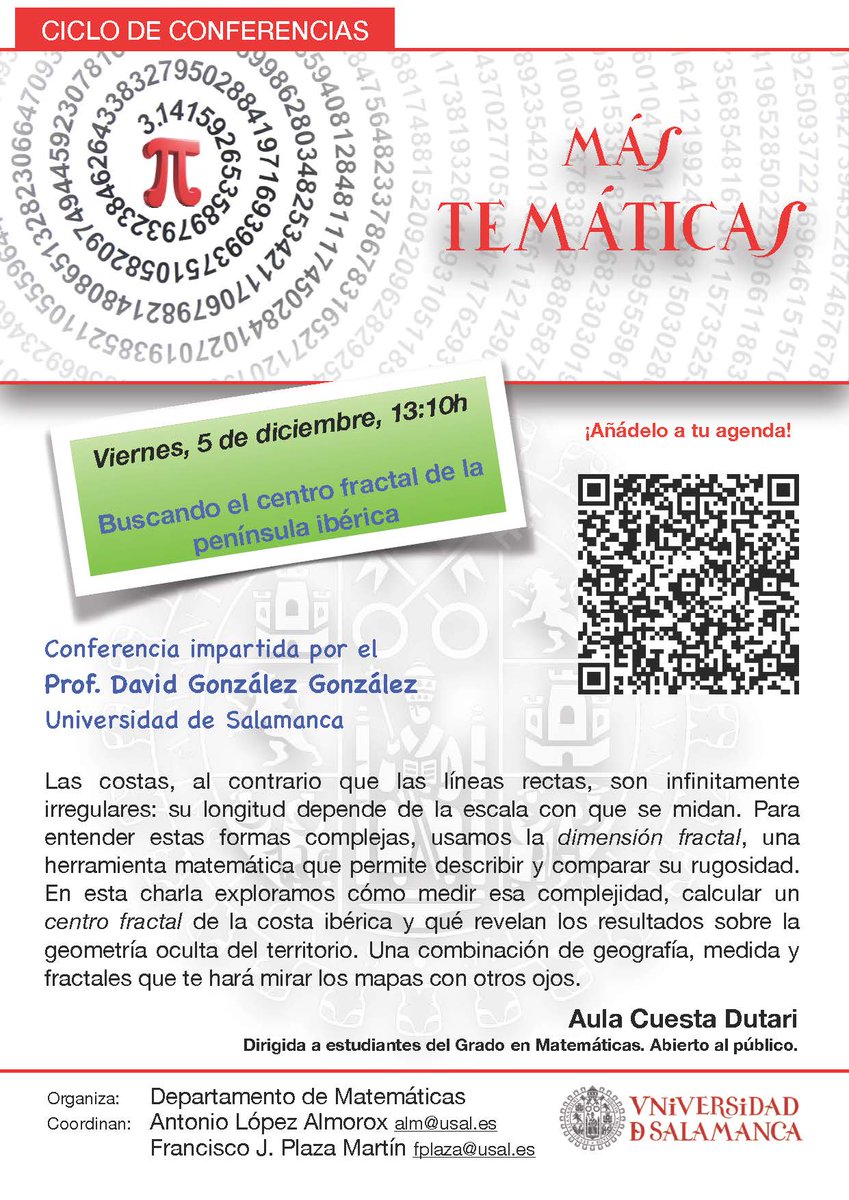 BibliotecaZacut's tweet photo. 📐 Charla del ciclo Más Temáticas: “Buscando el centro fractal de la península ibérica” 🗺️
👨🏫 Prof. David González González
📆 05/12
🕐 13:10 h
📍 Aula Cuesta Dutari @fcienciasusal
Matemáticas, geografía y fractales para mirar los mapas con otros ojos
#MásTemáticas #Fractales https://t.co/cSg1cJ8u9x
