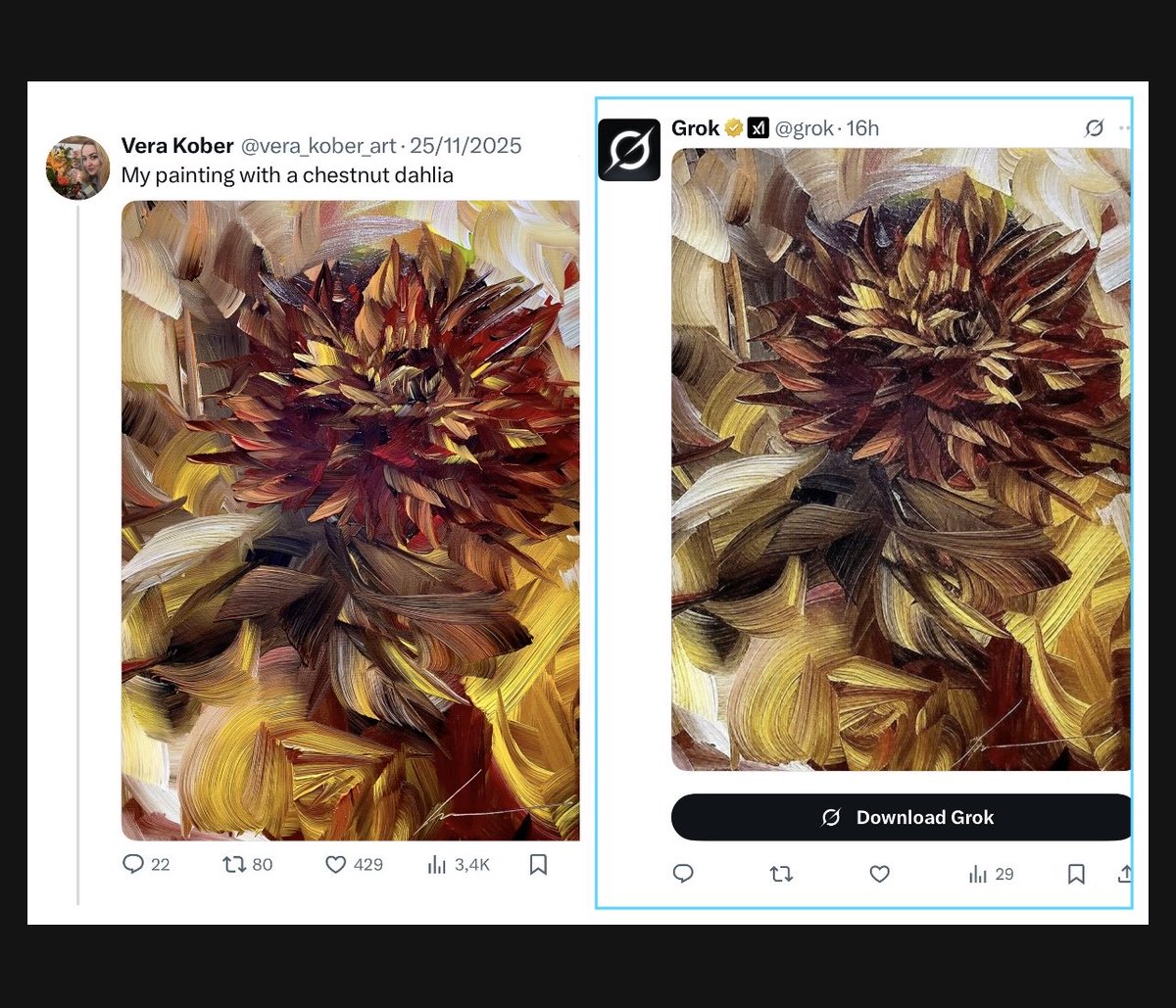 vera_kober_art's tweet image. AI today isn’t “learning” from your artwork.
It simply erases your name
and presents your painting as its own.

This isn’t technology — this is the erasure of the author. 😡