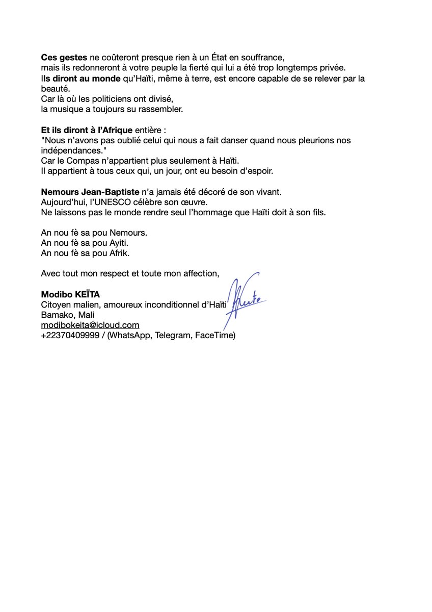 LETTRE OUVERTE
au PM et au Peuple #haïtien
à la Communauté int.
l’#UNESCO célèbre le #Konpa, l'œuvre de Nemours 
Haïti, ne laisse pas le monde rendre seul, l’hommage que tu dois à ton fils !
#Haiti #Nemours2026 #JusticePourNemours #AnnéeNemours
<a href="/nouvelliste/">Le Nouvelliste</a> <a href="/radiomagik9/">Magik9</a> <a href="/RFI_Ma/">RFI Mandenkan</a>