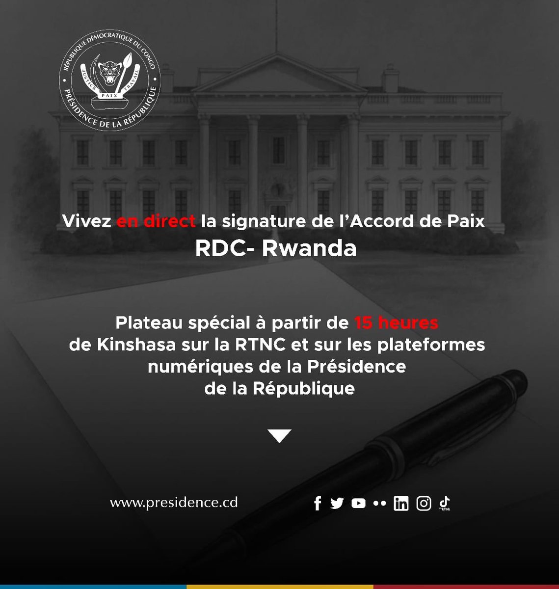 Tout à l’heure (à 15h), nous participerons à une émission sur la RTNC à partir de Bruxelles. L’émission portera sur la signature de l’accord de paix RDC-Rwanda qui passera en direct.