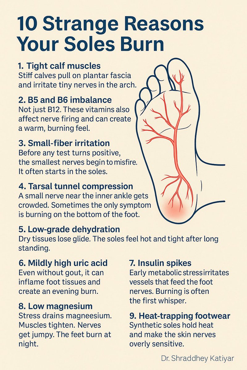 It’s not always insulin resistance or B12 deficiency thar are responsible for FOOT BURNING 🔥, here are some hidden reasons behind: 

1. Tight calf muscles
Sounds too simple, but stiff calves pull on the plantar fascia. This irritates the small nerves under the arch and creates a