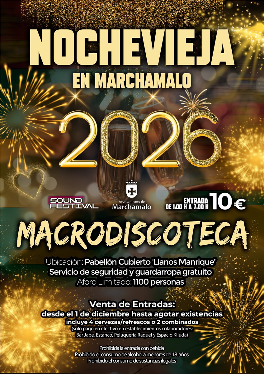 🔊 FIESTA DE NOCHEVIEJA EN MARCHAMALO

⚠️ Informamos de que la Asociación 'Sound Festival' ha vendido ya un 75% de las 1.100 entradas a la venta.

🎟 Entrada: 10 €

👉 Venta de entradas en los establecimientos colaboradores (Bar Jabe, Estanco, Peluquería Raquel y Espacio Kiluda)