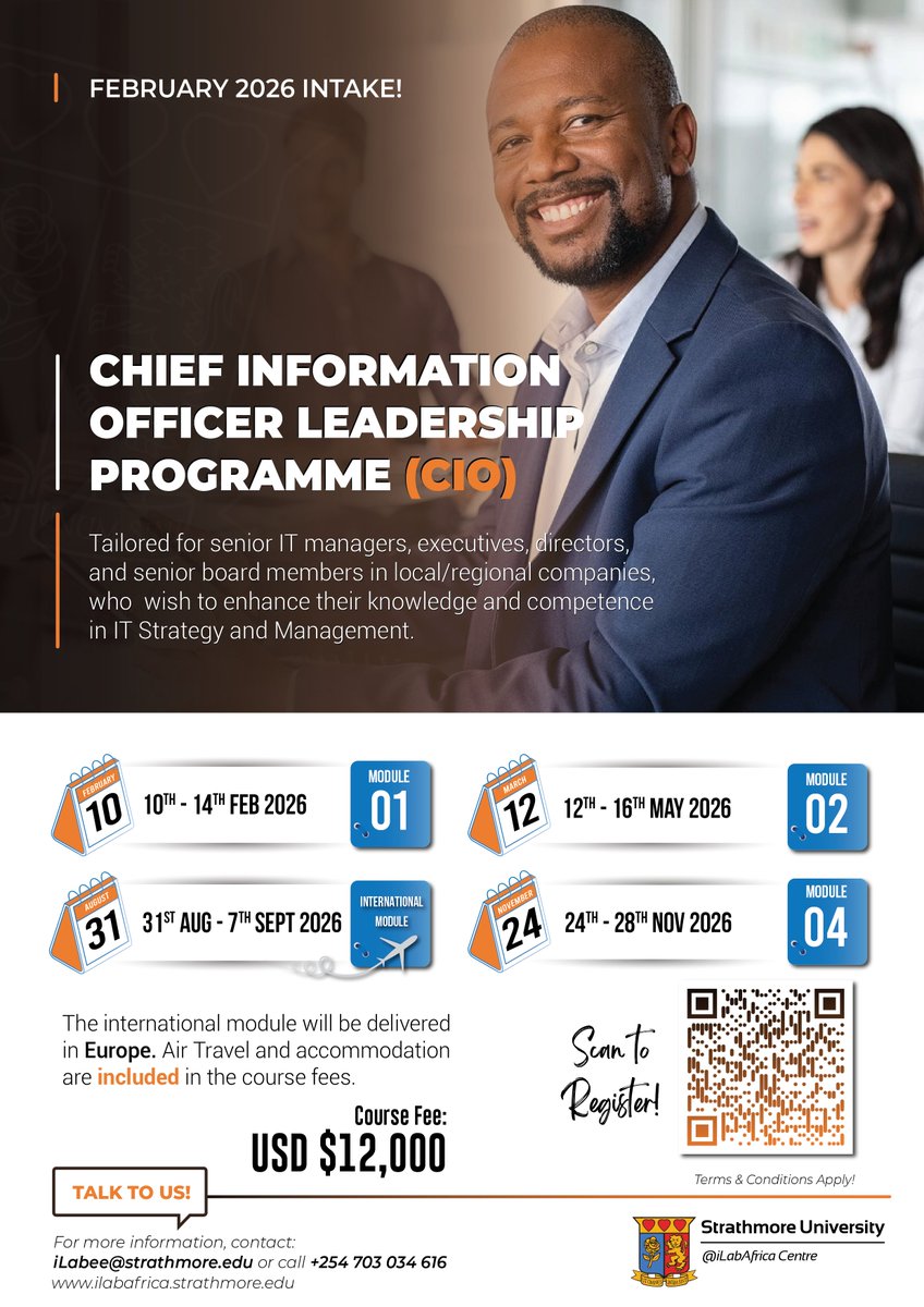 Leadership starts with learning. Join our CIO Leadership Program and lead with confidence in a digital-first world.

Apply now 🔗: ilabafrica.strathmore.edu/cio-leadership…

#CIO #TechLeadership #DigitalTransformation #iLabAfrica #StrathmoreUniversity