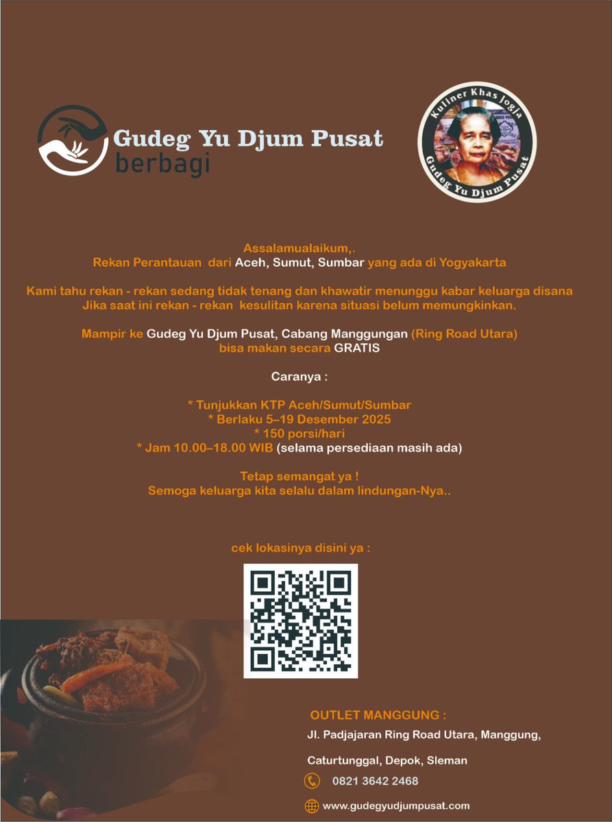 kangsario's tweet photo. ✨Makan Gratis untuk Perantau Aceh, Sumut &amp; Sumbar di Yogyakarta!

mampir ke Gudeg Yu Djum Pusat Cabang Manggungan — makan GRATIS setiap hari!

Caranya:
• Tunjukkan KTP Aceh/Sumut/Sumbar
• Berlaku 5–19 Desember 2025
• Jam 10.00–18.00 WIB
• 150 porsi/hari https://t.co/jGL9DZ2iOp
