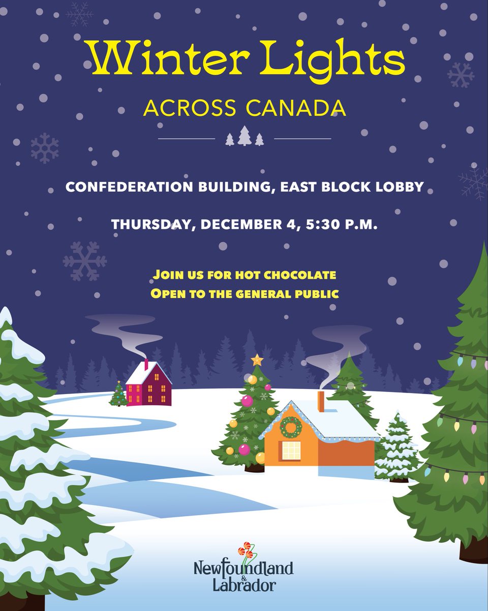 Join us at Confederation Building at 5:30 p.m. for the 39th annual Winter Lights Across Canada celebration.

Watch as the Prince Philip Drive area comes alive with lights, accompanied by music from the Royal NL Regiment Band, CBS Youth Choir, and Kirsten Rodden-Clarke!