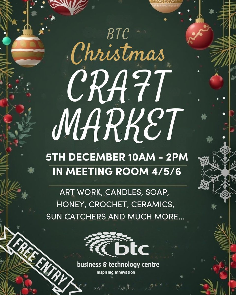 btcstevenage's tweet photo. 🎄✨Our Christmas Craft Market is back at the btc, Stevenage on 5th December, from 10am – 2pm in meeting rooms 4, 5 &amp; 6.
🎁 Don’t miss your chance to pick up a unique, handmade gift created by talented people right here at the btc.

#btc #craftmarket #stevenage #hertfordshire https://t.co/WvFGBoubPX