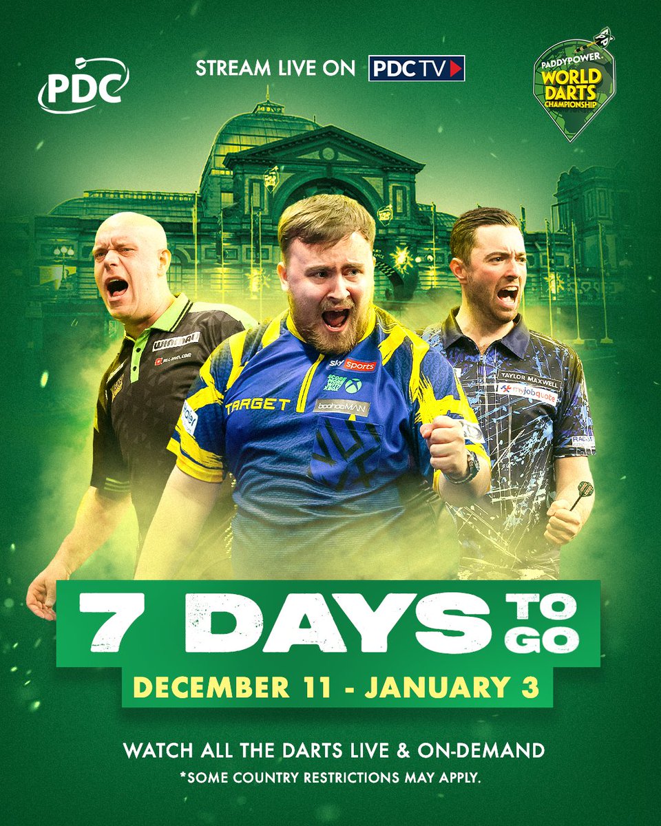 We're counting down the days!

The <a href="/paddypower/">Paddy Power</a> World Darts Championship gets underway a week today - stream every moment live on PDCTV!

Subscribe here 👉bit.ly/48rwV98

Country restrictions may apply