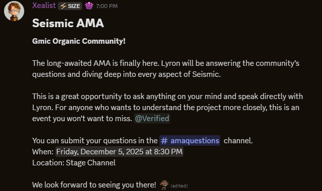 TcgGamingSc's tweet photo. 🚨 Seismic AMA Alert!

Join us on Dec 5, 2025 at 8:30 PM tomorrow 
for a deep dive into @Seismic with our sir @lyronctk 

Drop your questions in #amaquestions and tune in on the Stage Channel.

Don’t miss it! 🌋✨
it will be a huge anouncement .

Magnitude is the key https://t.co/C4bZ3pR1XV