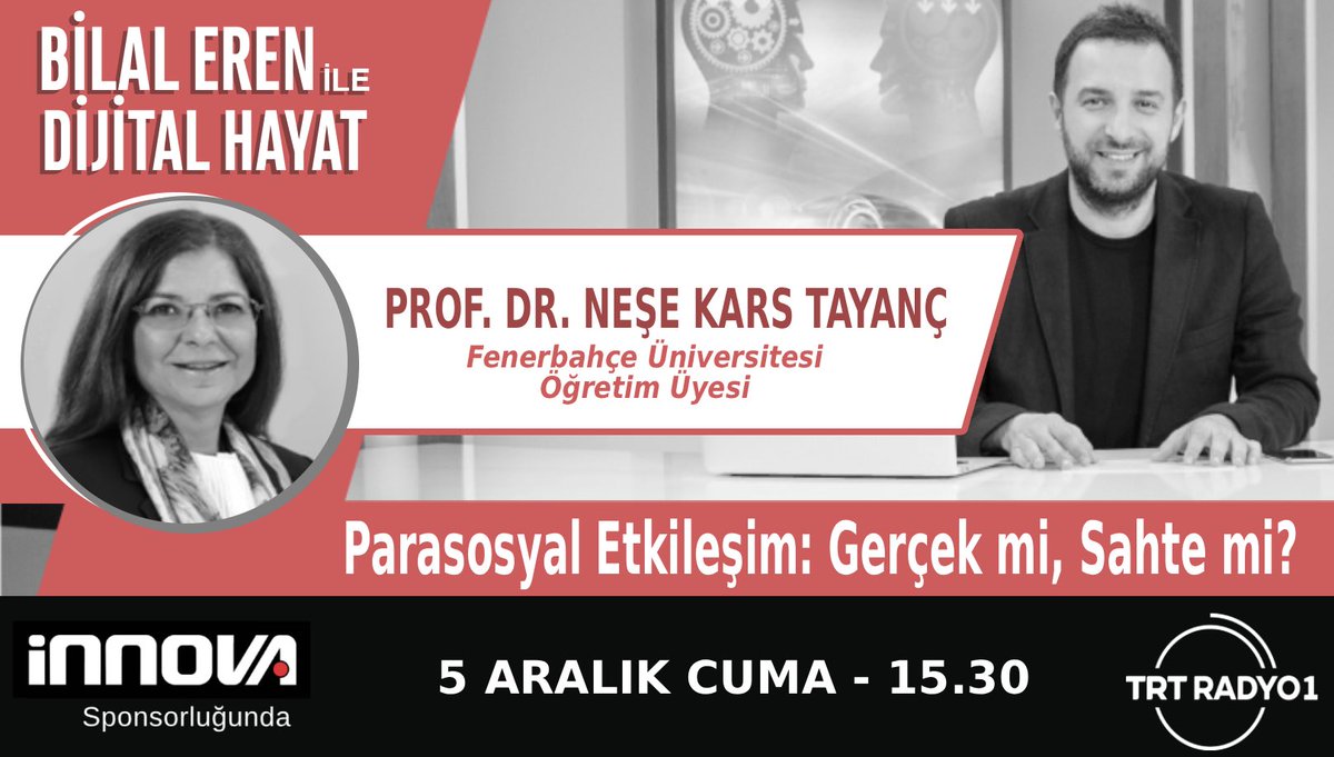 DijitalHayatTV's tweet photo. ❓Yılın Kelimesi Seçilen "Parasosyal" Ne Anlama Geliyor?

❓Parasosyal Etkileşimin Bireysel ve Toplumsal Sonuçları Neler?

⏰ Yarın saat 15.30'da Dr. @erenbilal ile #DijitalHayat programımızın konuğu Prof. Dr. Neşe Kars Tayanç

🎧 TRT Radyo1 https://t.co/AQe01FVGBB