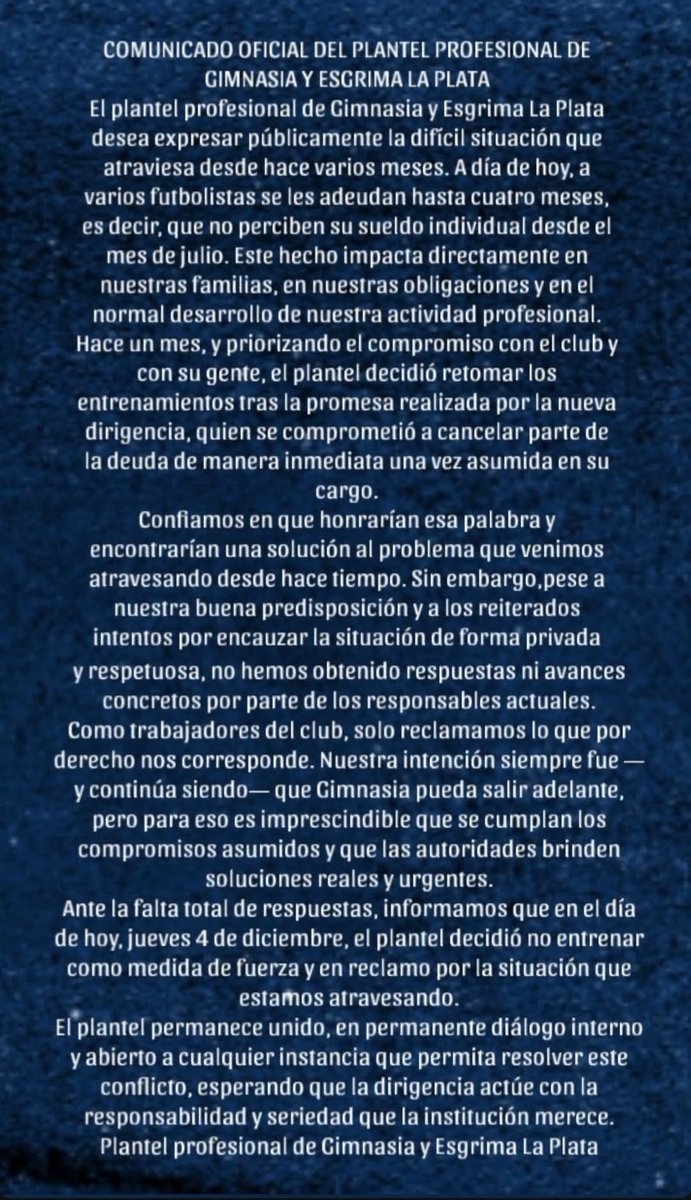 deportes24ar's tweet photo. ⚠️En la previa del CLÁSICO DE LA PLATA, el PLANTEL de GIMNASIA Y ESGRIMA LA PLATA a 4 días del encuentro ante Estudiantes de La Plata, NO ENTRENÓ por FALTA DE PAGO DE SUS SUELDOS.

😳Denuncian que en algunos casos, adeudan meses desde JULIO en adelante. https://t.co/6jF3Wi2vAU