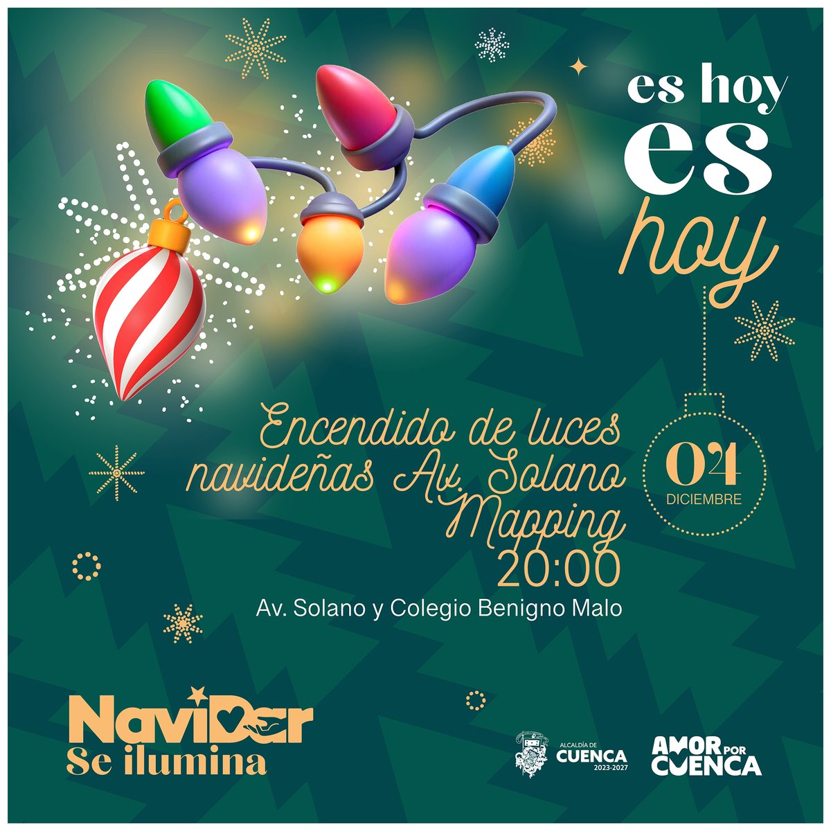 💫¡La cita es esta noche!🥹

Desde las 20:00 en la Av. Solano, vive el primer encendido de luces navideñas de la ciudad. Déjate envolver por la magia y los colores del espectáculo de mapping,  este jueves será inolvidable.

La #Navidar se enciende con #AmorPorCuenca. ❤💛