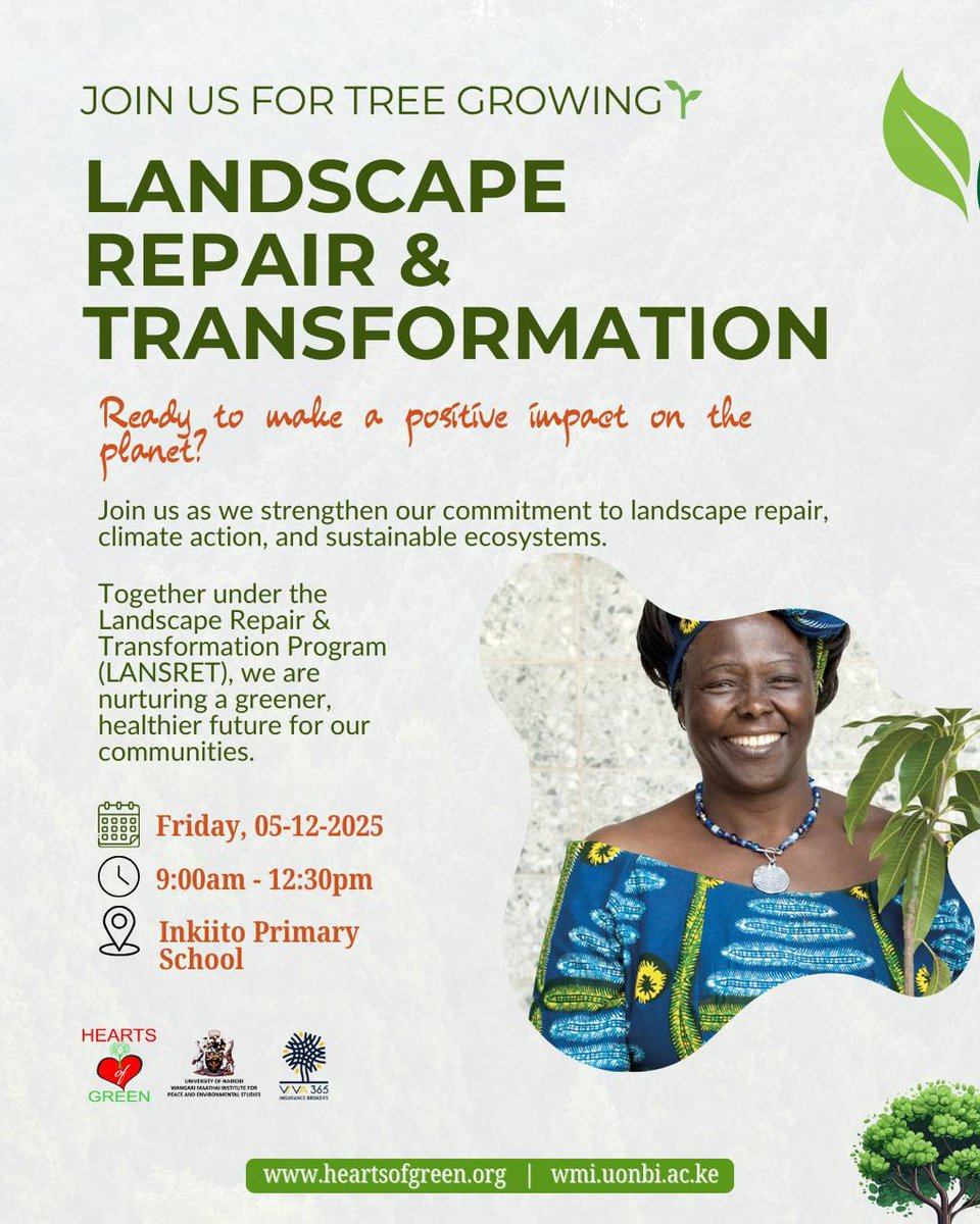 "The future of the planet concerns all of us.”-Wangari Maathai

Join us for the Landscape Repair &amp; Transformation with support from <a href="/viva_365/">Viva 365 Insurance Brokers</a> for a #treegrowing event at Inkiito Primary  Friday, 9am.
Restoring our landscapes! <a href="/uonbi/">University of Nairobi</a> <a href="/HeartsOfGreen/">Hearts of Green</a>
 #LANSRET #WangariMaathai