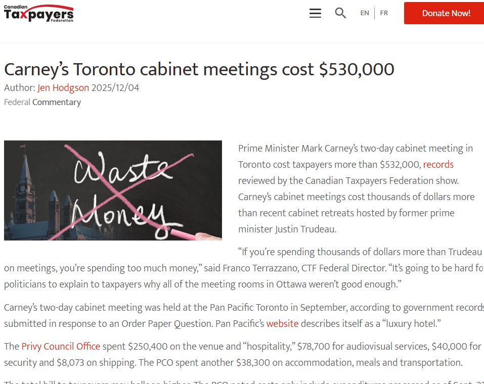 cbcwatcher's tweet photo. "Prime Minister Mark Carney’s two-day cabinet meeting in Toronto cost taxpayers more than $532,000, records reviewed by the Canadian Taxpayers Federation show. Carney’s cabinet meetings cost thousands of dollars more than recent cabinet retreats hosted by former prime minister Justin Trudeau.

“If you’re spending thousands of dollars more than Trudeau on meetings, you’re spending too much money,” said Franco Terrazzano, CTF Federal Director. “It’s going to be hard for politicians to explain to taxpayers why all of the meeting rooms in Ottawa weren’t good enough.”" @Jen_HodgsonCTF @franco_nomics https://t.co/XFrmtzPZfl