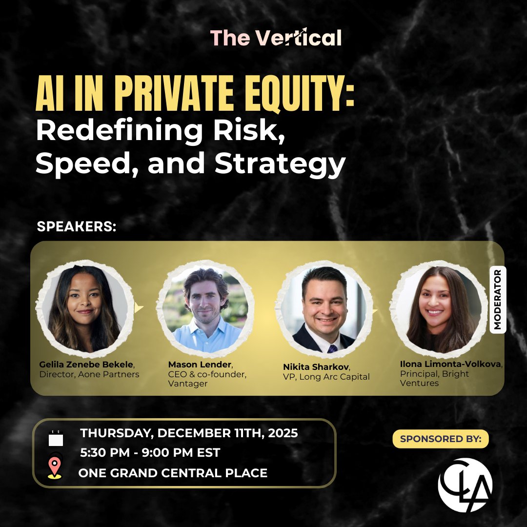 TheverticalLa's tweet photo. We’re hosting “AI in Private Equity: Redefining Risk, Speed &amp; Strategy” — a high-impact conversation on how gen AI is reshaping private markets.

From deal-sourcing to diligence, portfolio ops to infra investment, AI is changing how capital moves. https://t.co/CbykGx5RRk