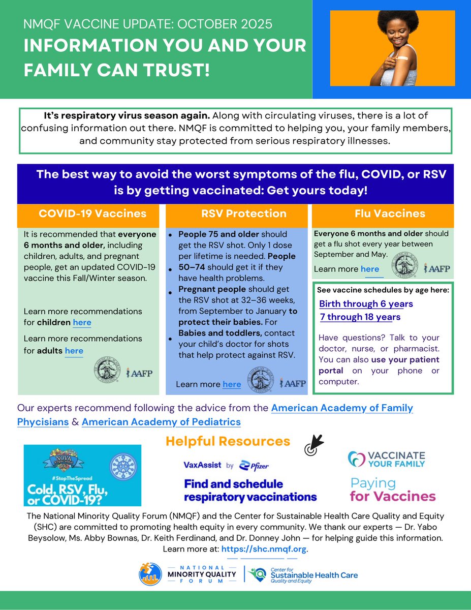NMQF's tweet image. It’s #NIVW! 💉
NMQF is sharing a 3-page Provider Vaccine One-Pager + a Patient Vaccine Resource Page to support outreach &amp;amp; protection this respiratory season.

🔗 hubs.ly/Q03WQXPc0

✅ Get your flu shot — and help someone else get it, too.

#FluShot #GetVaccinated #NMQF