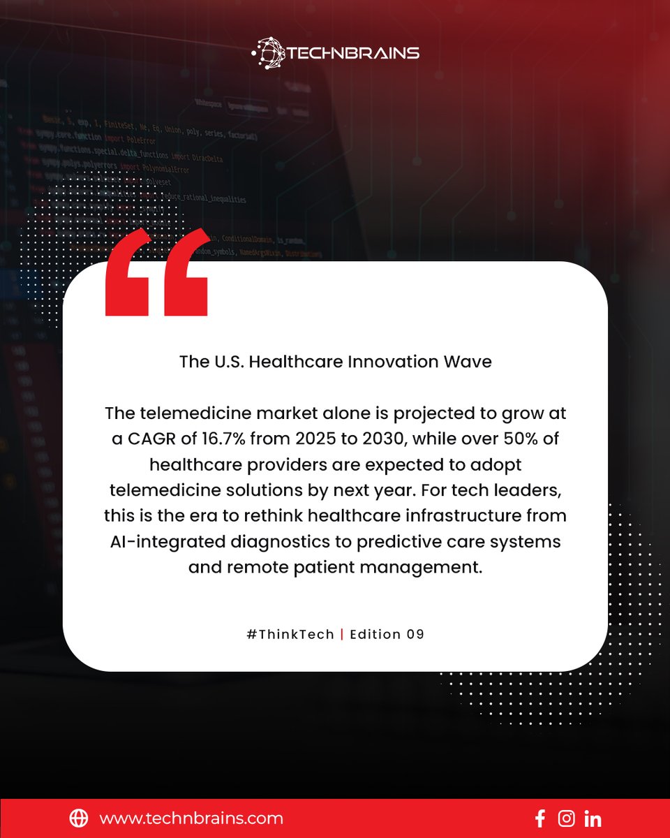 technbrains's tweet image. Telemedicine is only the beginning. Healthcare is entering its tech era. 🩺

#healthtech #telemedicine #healthcareinnovation #AI #medtech #healthcare #futureofhealthcare #telehealth