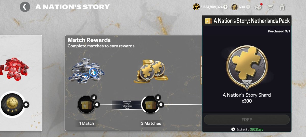 A Nation's Story: Netherlands

Day 1 GEM 200
Day 2 SHARD 50
Day 3 COIN 1,000,000
Day 4 GEM 300
Day 5 SHARD 100
Day 6 TRANSFER 200
Day 7 RANKUP 100
Day 8 GEM 400
Day 9 SHARD 100

Shards = 250

With Japan Shards we will have 1150 still 50 short of Van Dijk 🫠

Info from Sappurit