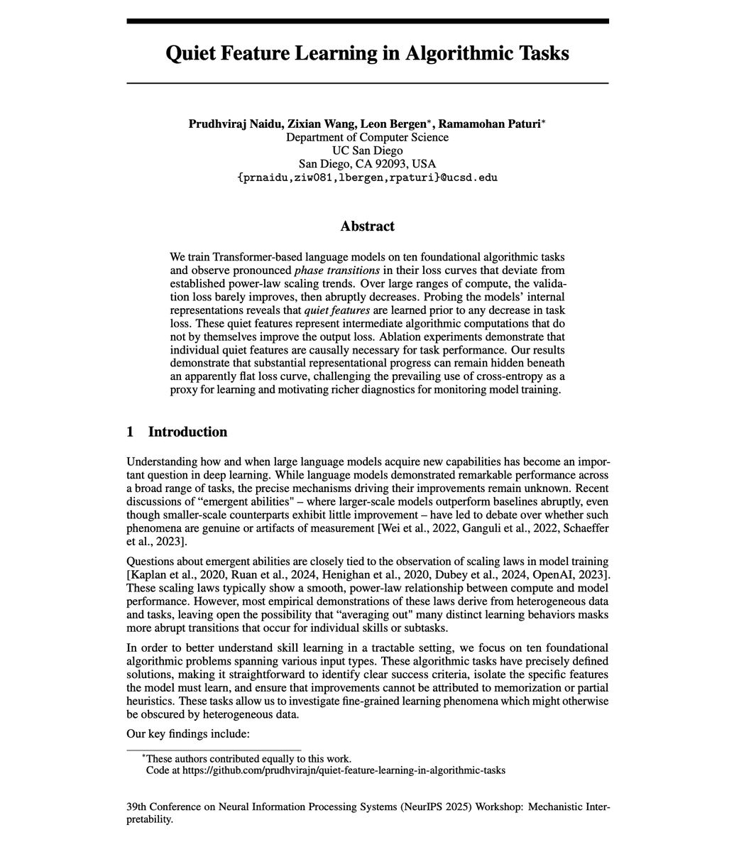 Transformer 中的“靜默特徵學習”
這是這週很有趣的一篇論文:它指出,loss 曲線可能會誤導我們對模型學習內容的判斷。
通常,我們會以loss 作為衡量神經網路訓練進度的主要指標。
如果loss 沒變化,就覺得模型沒學到東
