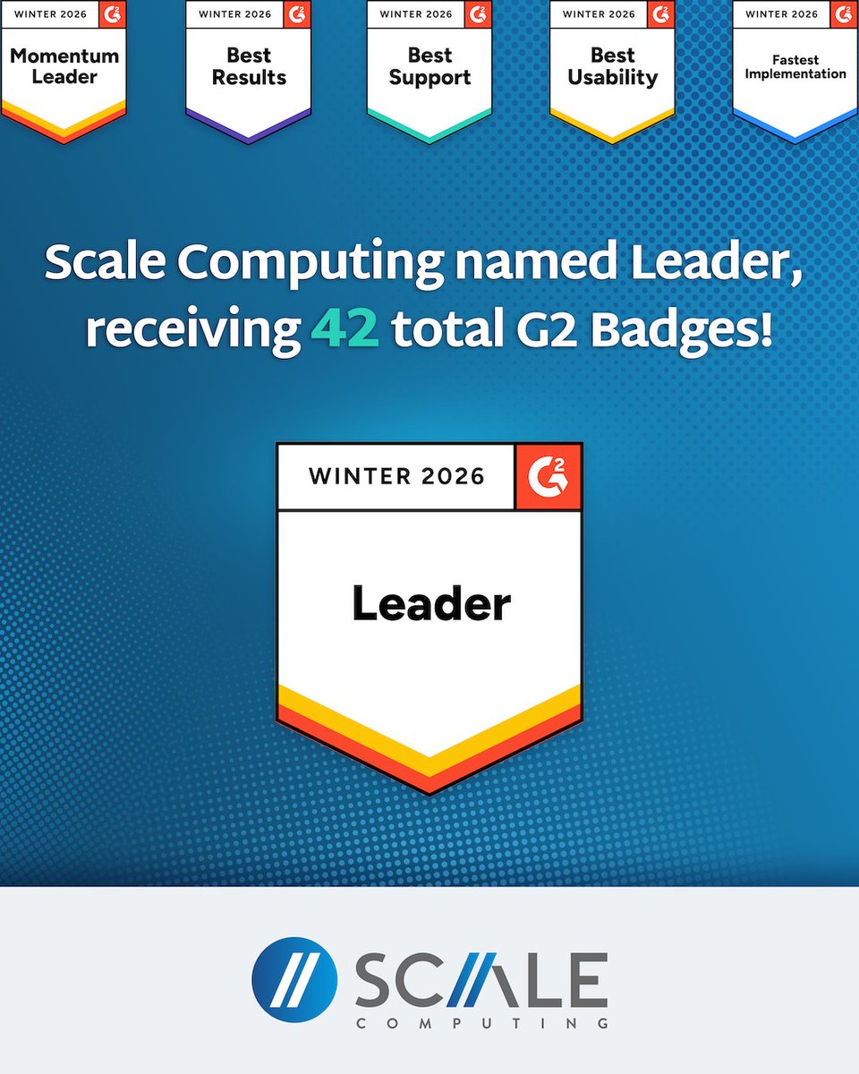 ScaleComputing's tweet image. Scale Computing continues to lead the way in Server Virtualization &amp;amp; HCI, earning 42 badges in G2’s Winter 2026 Report—including Fastest Implementation, Best Support &amp;amp; Best Usability—thanks to customer feedback! 🙏  Read about what real users have to say:
scalecomputing.com/press-releases…