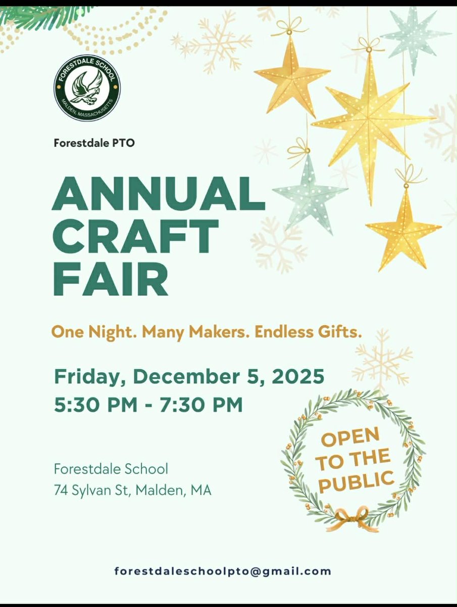JennSpadafora's tweet image. 🎄✨ Craft Fair Weekend in Malden to Support School PTOs✨🎄

📍 Fri 12/5 – Forestdale School
5:30–7:30 PM
Annual Craft Fair – Open to the public!

📍 Sun 12/7 – Salemwood Field House
11 AM–3 PM
Winter Wonderland Crafts Fair
50+ vendors, raffles, crafts &amp;amp; more!