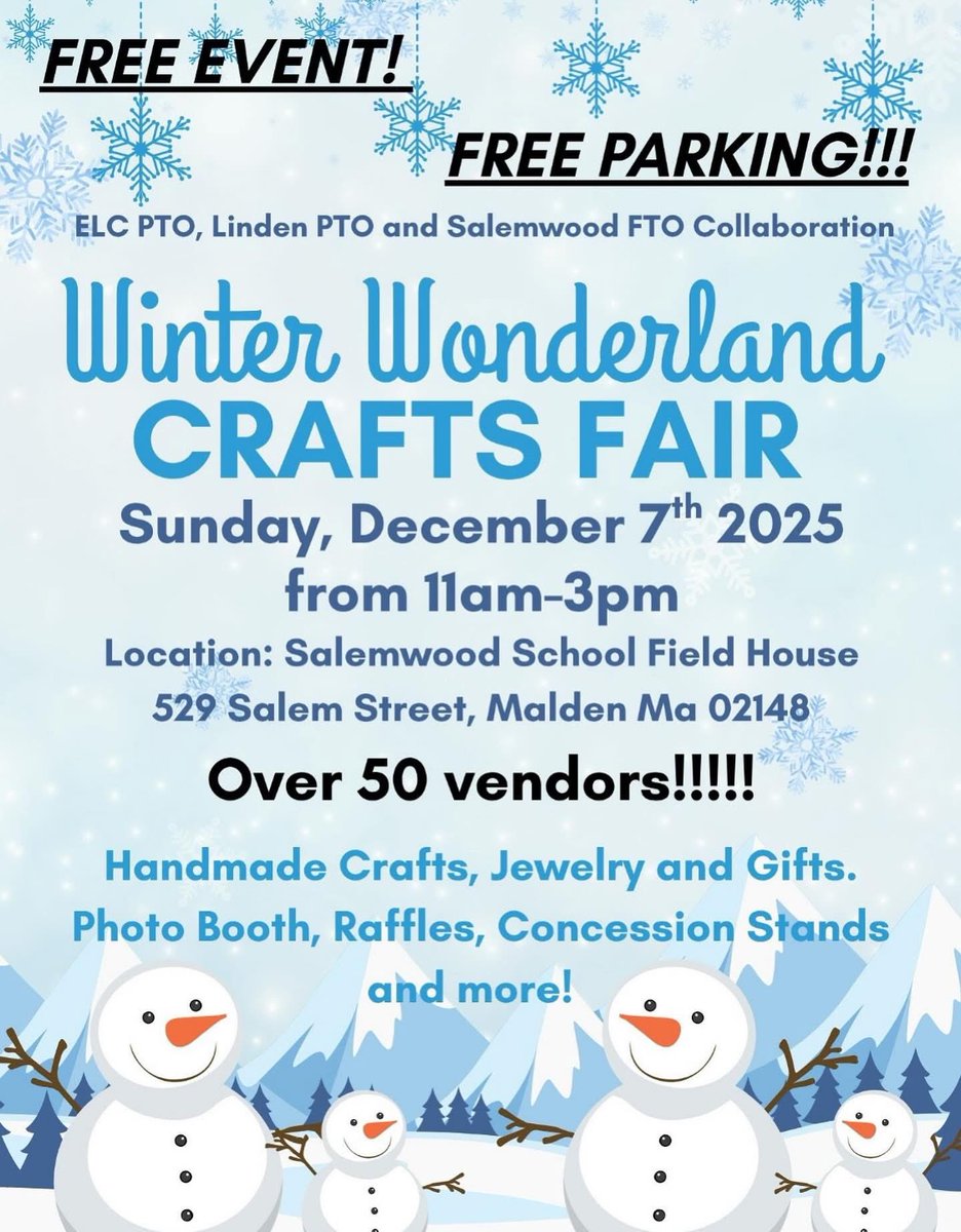 JennSpadafora's tweet image. 🎄✨ Craft Fair Weekend in Malden to Support School PTOs✨🎄

📍 Fri 12/5 – Forestdale School
5:30–7:30 PM
Annual Craft Fair – Open to the public!

📍 Sun 12/7 – Salemwood Field House
11 AM–3 PM
Winter Wonderland Crafts Fair
50+ vendors, raffles, crafts &amp;amp; more!