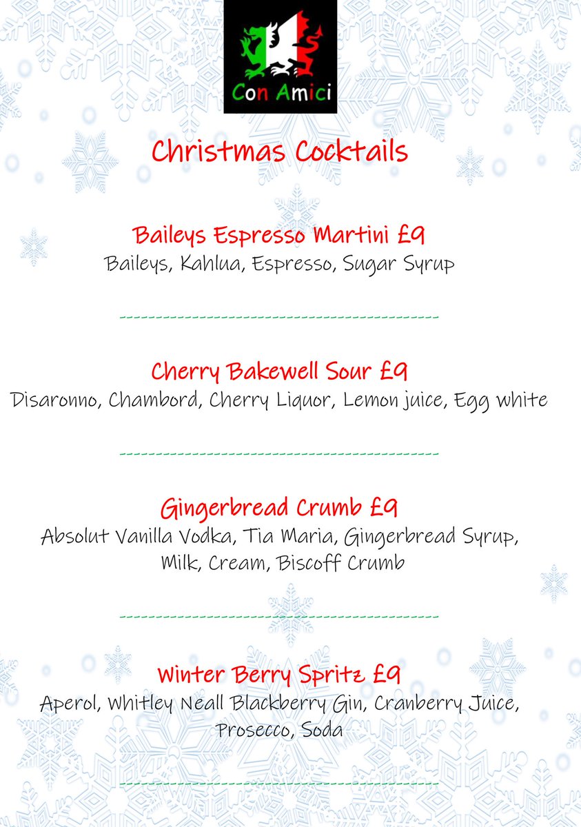 Try our Christmas Cocktails, Available throughout December.  
🍹⛄🎁🎄#christmascocktails #FestiveDrinks #italianfood #drinkresponsibly