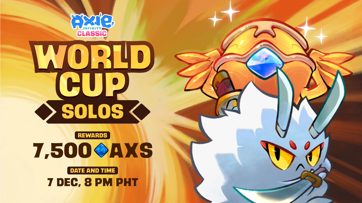AxieInfinity's tweet image. Axie Classic World Cup Solos

Hundreds of battles. Twelve finalists. One last stage.

The Axie Classic World Cup Solos streams this Sunday.

Meet the competitors &amp;amp; tournament format 👇

🔗 : bit.ly/axieclassicwor…