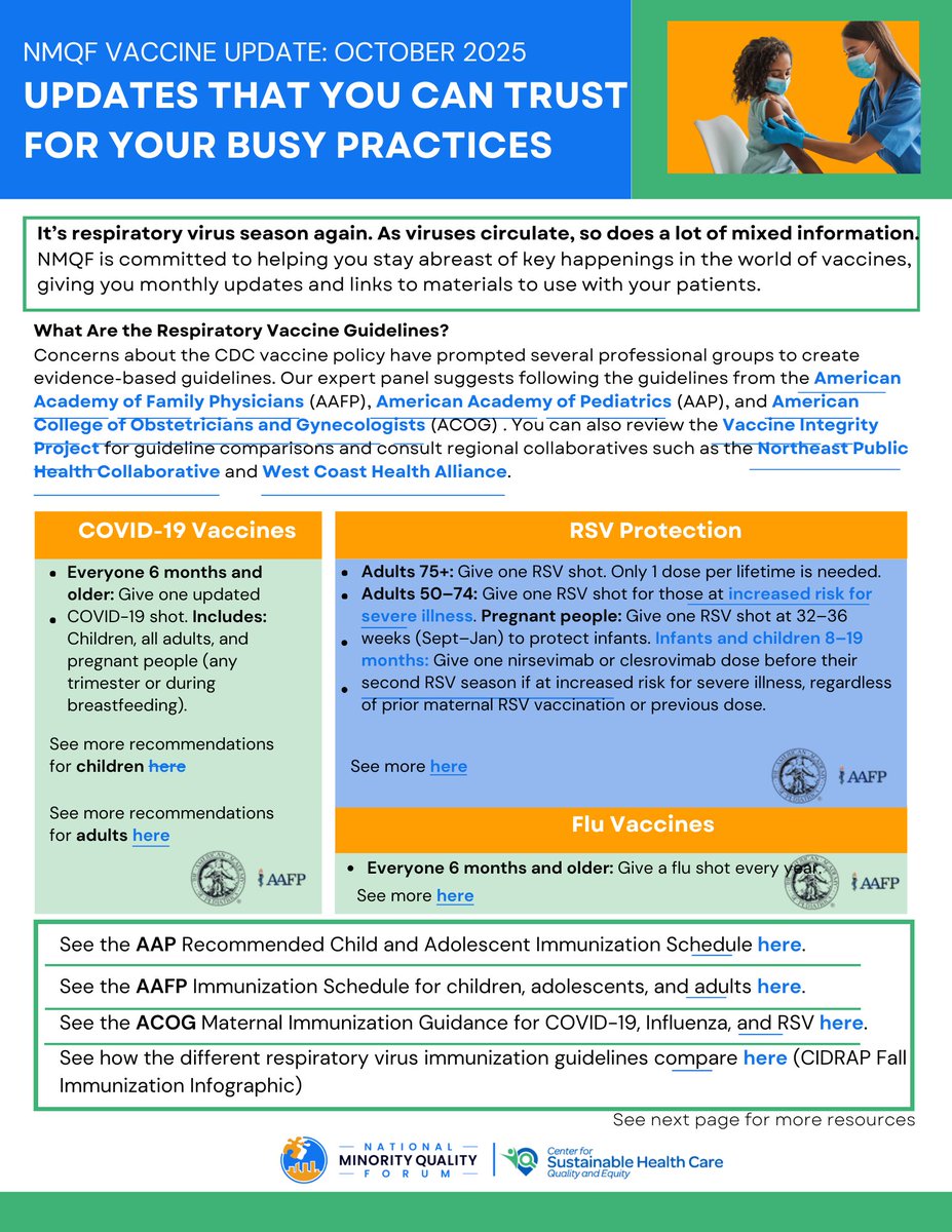 NMQF's tweet image. It’s #NIVW! 💉
NMQF is sharing a 3-page Provider Vaccine One-Pager + a Patient Vaccine Resource Page to support outreach &amp;amp; protection this respiratory season.

🔗 hubs.ly/Q03WQXPc0

✅ Get your flu shot — and help someone else get it, too.

#FluShot #GetVaccinated #NMQF