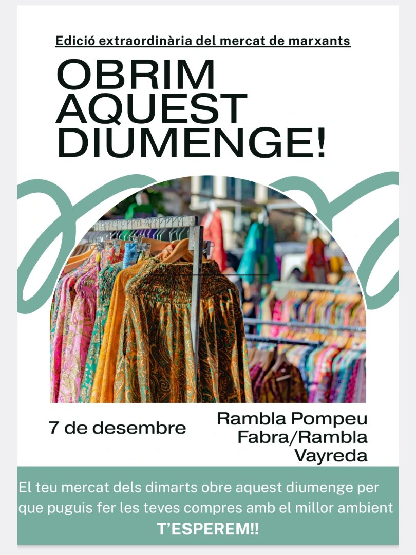 🛍️🛒🥳 Aquest diumenge dia 7 tindrem edició extraordinària del Mercat de Marxants a la Rambla!

Veniu a fer les vostres compres en el millor ambient!

#Gavà