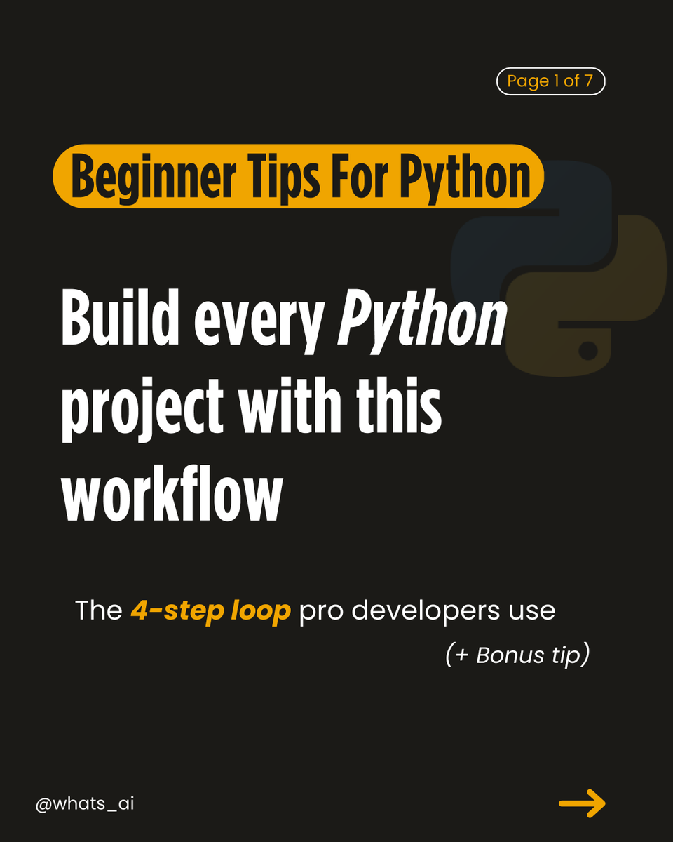 Whats_AI's tweet image. If you’re learning Python and building projects
follow this simple workflow:

Plan → Write → Test → Debug (+ Code with AI)

This carousel breaks down the workflow beginners should use to build projects.

If you want to learn Python + AI through hands-on projects, check out Beg