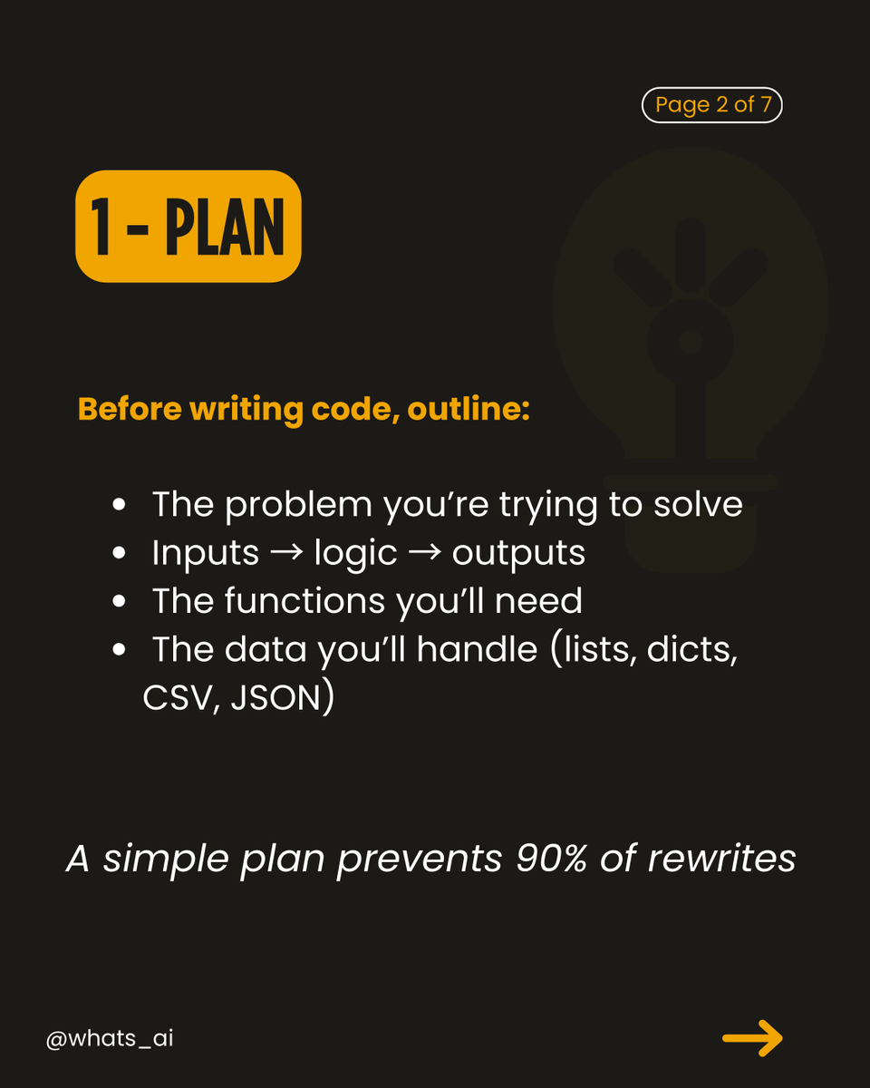 Whats_AI's tweet image. If you’re learning Python and building projects
follow this simple workflow:

Plan → Write → Test → Debug (+ Code with AI)

This carousel breaks down the workflow beginners should use to build projects.

If you want to learn Python + AI through hands-on projects, check out Beg