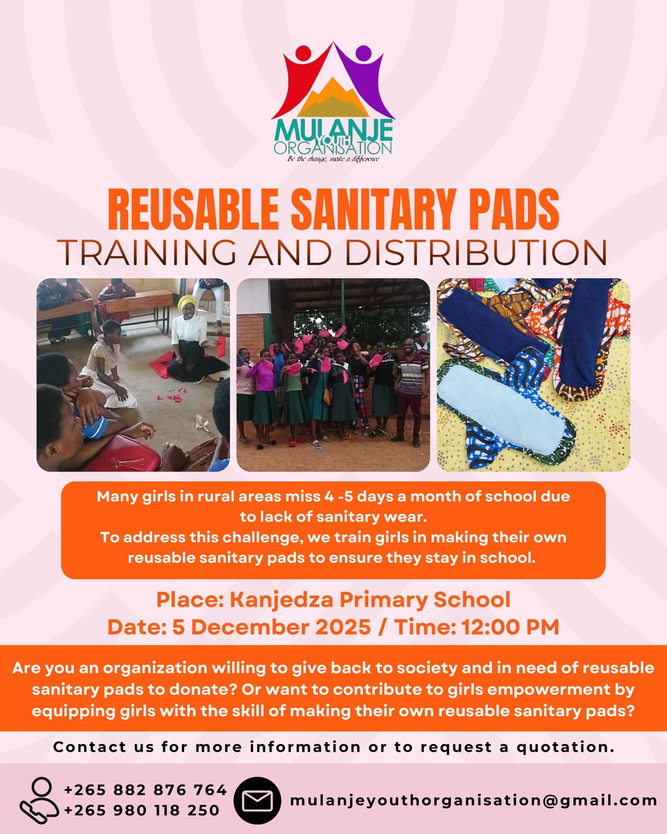 📢 Tomorrow MULAYO begins distributing 100 reusable sanitary pads to girls at Kanjedza Primary School!

Many girls miss school due to lack of pads we’re changing that through training + monthly distribution.

Let’s end menstrual poverty in Mulanje! 💪🌸
#MULAYO #GirlsEmpowerment