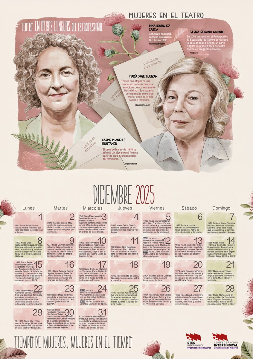 🎬 Este mes de #diciembre finalizamos nuestro #Calendario de la Organización Mujeres Intersindical 2025 homenajeamos a las profesionales del teatro en otras lenguas del estado español.

Accede al calendario completo:issuu.com/confederacion_…

#OM #calendarioOM #teatro