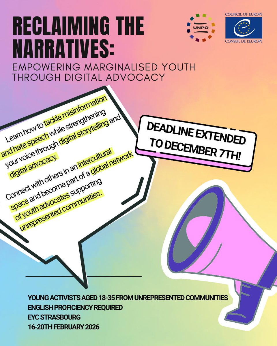 🚨 Deadline extended: 7 Dec!
Apply for our 2026 Study Session: “Reclaiming the Narratives: Empowering Marginalized Youth through Digital Advocacy”

16–20 Feb 2026 |  Strasbourg

🔗 Apply: docs.google.com/forms/d/e/1FAI…

Spread the word! ✨