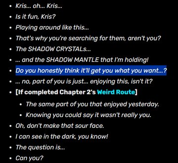 Jojostuck56's tweet image. Tbh
The whole "Kris just ate the pie in ch1 and that's it" is still prevalent despite the fact that them plugging the TV, knowing the prophecy and working for the knight blatantly shows that they were planning the ch3 dark world