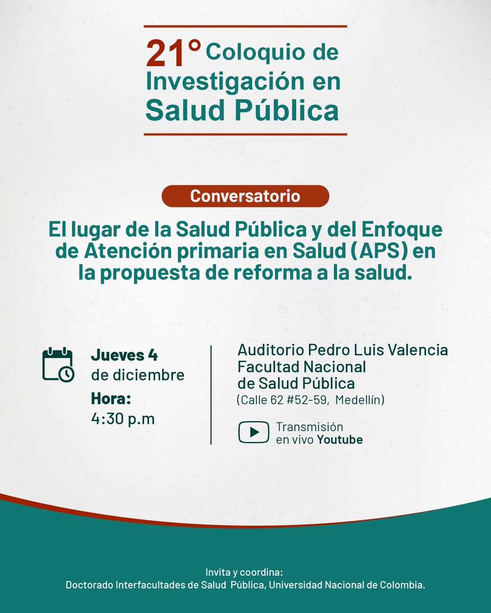 Docisp's tweet image. INVITACIÓN CONVERSATORIO 21° COLOQUIO DE INVESTIGACIÓN EN SALUD PÚBLICA
Transmisión YouTube: youtube.com/c/DoctoradoInt…