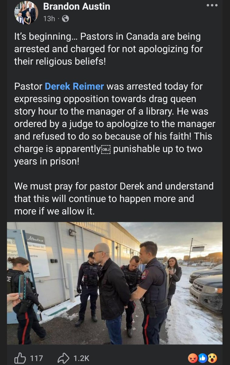 cdnrefusenik's tweet photo. 🇨🇦 Welcome to Canada, where freedom of religion and expression are no more.

A pastor who would not apologize for opposing drag queen story hour has been arrested and could receive up to 2 years in prison.

Pray for pastor Derek Reimer. https://t.co/WJsl4TfbvX