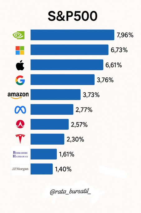 LezelP80's tweet photo. EN QUÉ INVIERTES CUANDO COMPRAS EL S&amp;P500? 🚨

Las 10 primeras posiciones son el 39.34% de TODO el índice de 500 empresas ‼️ https://t.co/G5c5hz4zkd