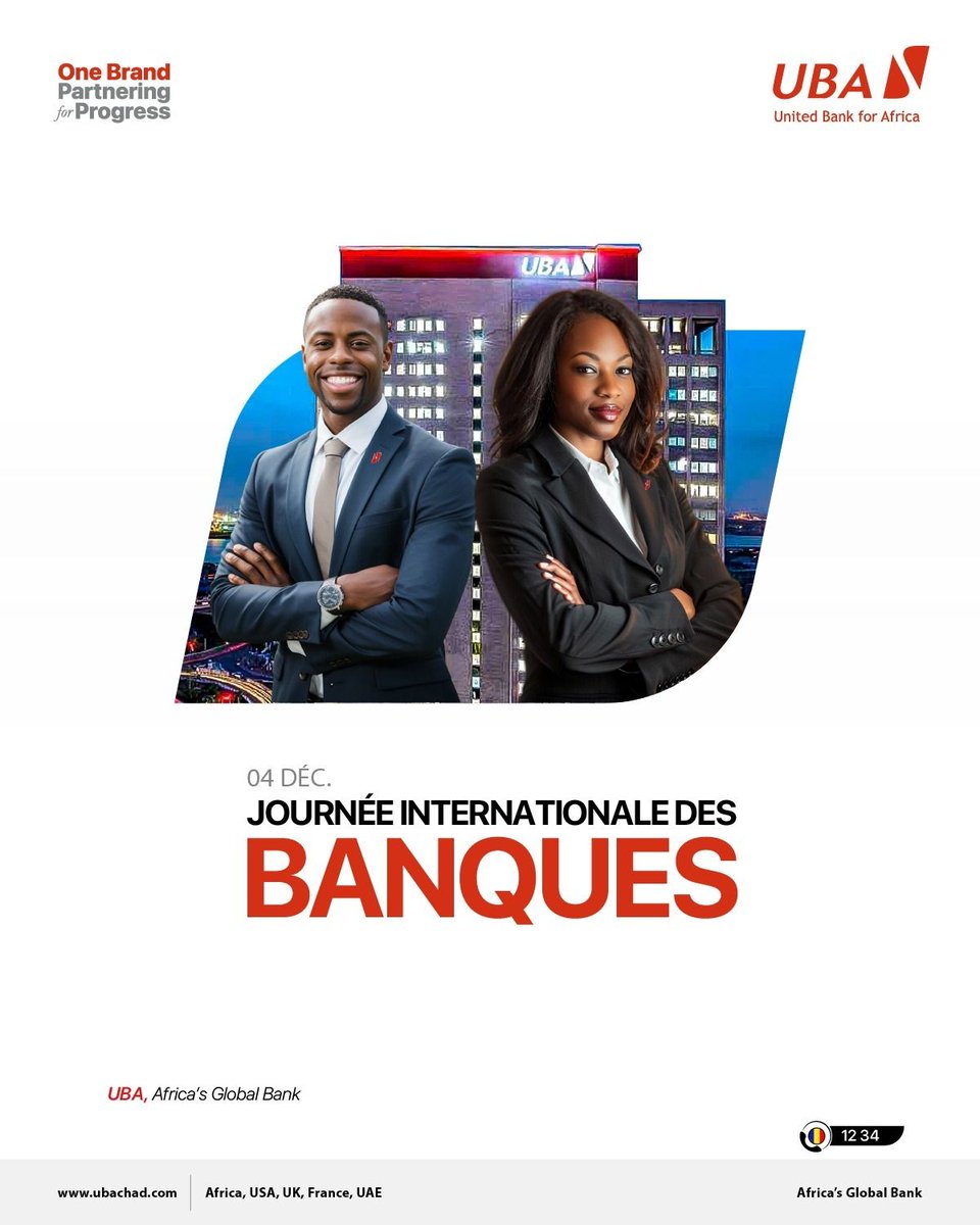 En ce 4 décembre, nous célébrons la 𝐉𝐨𝐮𝐫𝐧𝐞𝐞 𝐢𝐧𝐭𝐞𝐫𝐧𝐚𝐭𝐢𝐨𝐧𝐚𝐥𝐞 𝐝𝐞𝐬 𝐁𝐚𝐧𝐪𝐮𝐞𝐬.

Chez UBA, nous restons engagés à
𝐫𝐞𝐧𝐟𝐨𝐫𝐜𝐞𝐫 𝐥𝐚 𝐜𝐨𝐧𝐟𝐢𝐚𝐧𝐜𝐞, 𝐥’𝐢𝐧𝐧𝐨𝐯𝐚𝐭𝐢𝐨𝐧 𝐞𝐭 𝐥𝐚 𝐬𝐭𝐚𝐛𝐢𝐥𝐢𝐭𝐞 𝐚𝐮 𝐬𝐞𝐫𝐯𝐢𝐜𝐞 𝐝𝐞 𝐧𝐨𝐬 𝐂𝐥𝐢𝐞𝐧𝐭𝐬