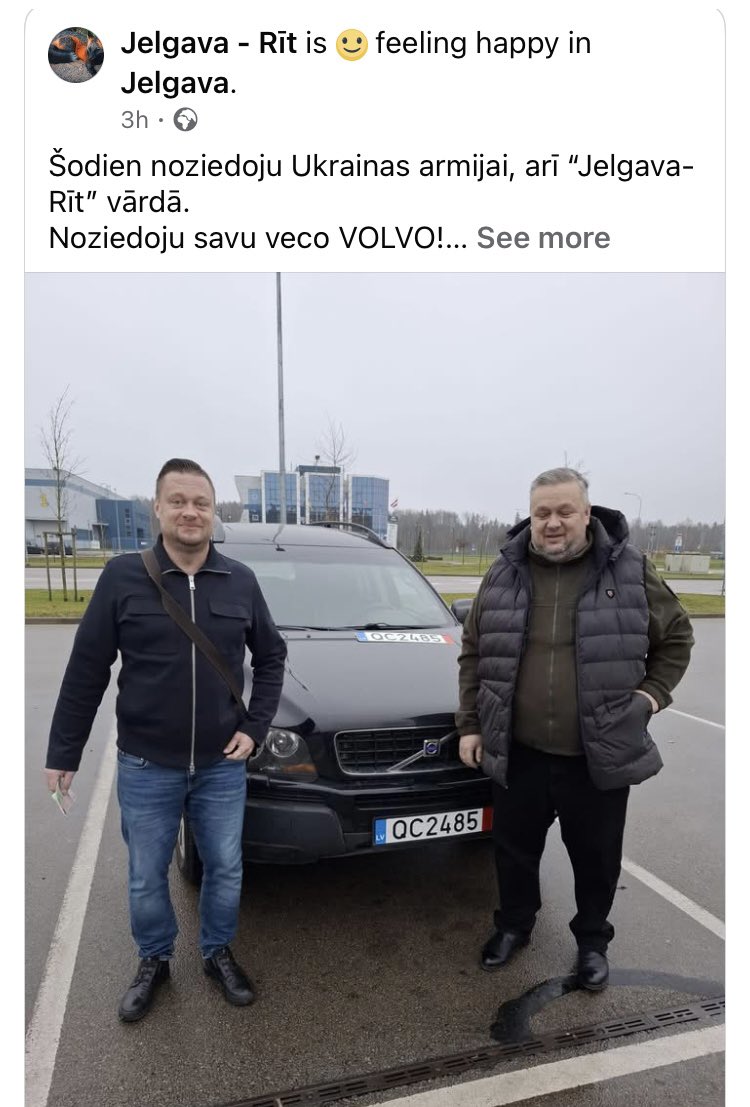 Šodien noziedoju Ukrainas armijai, arī “Jelgava-Rīt” vārdā.
Noziedoju savu veco VOLVO! 
VOLVO brauks uz fronti, Zaparožiju!
Ir sajūtas, ka kopumā esam nedaudz atslābuši ziedojumu sakarā Ukrainai. Tapēc aicinu arī citus Jelgavniekus un ne tikai, ziedot Ukrainai. Jo šobrīd