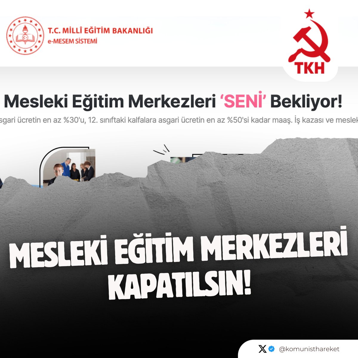 MESLEKİ EĞİTİM MERKEZLERİ KAPATILSIN!

Çocuklarımız okusun, çocuk sömürüsüne son!

Patronlar, artan maliyetlerden şikâyet edip ucuz emek diyorlar. Bir yandan bölgesel asgari ücret diyerek asgari ücreti daha da aşağıya çekmek istiyor diğer yandan asgari ücretin yüzde 30’una çocuk