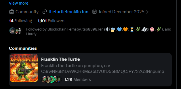Dionysus_crypto's tweet photo. x5 since my $Franklin call

But will it do a 10x, 20x, 50x?

Key drivers for further upside and the current state of the memecoin:

✙ smart trader sold a chunk of tokens on the last pump (14M → 5M)

✙ public figures’ bags have been cut in half (39M → 20M)

✙ whales were buying into the last pump, accumulating 25M tokens

✙ top PnL traders have barely sold any (some are still holding 100%)

Conclusion from these metrics:

Taking profits after a +500% move is normal and natural

For me, the metrics above are still bullish

Another growth driver is CT hype.

I’ve been watching the community on X and it’s growing fast (1.2k), same as the followers of @FranklineOnSol (1.1k)

The Franklin turtle meme is still being posted by popular influencers.

My actions:

I took out my initial and I’m holding the rest of the tokens.

I don’t rule out a correction and another pump.

I’ll keep tracking on-chain activity and hype.

DYOR, NFA